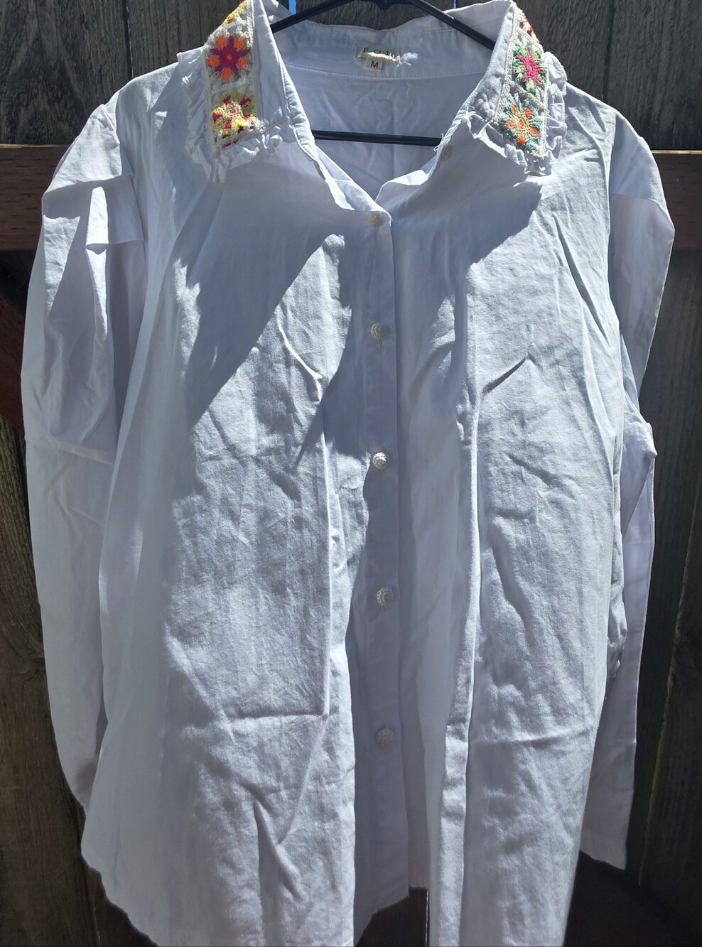 POL White Cotton Crochet Granny Square Collar Button Front Shirt M Boho